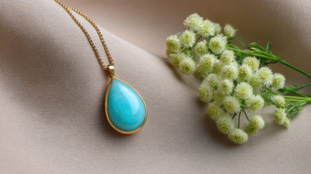 A beautiful turquoise teardrop pendant necklace showcased elegantly on soft beige fabric, accompanied by a charming arrangement of white flowers, perfect for a chic styling.の素材
