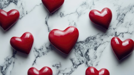 Top view of small heart-shaped objects arranged on marble surface with spacious empty middleの素材