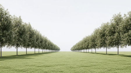A clean park path lined with trees, with an open grassy field leading into the distance, creating ample space in the center for design or textの素材