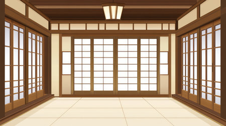 A minimalist Japanese bedroom with sliding doors, wooden accents, and soft lighting, leaving plenty of room for overlay text or design elementsの素材