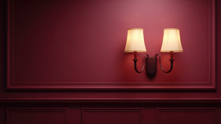 Beautiful wall sconces cast a warm glow against a rich burgundy wall, creating an inviting atmosphere ideal for elegant interior design projects and decor inspiration.の素材