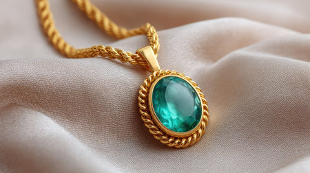 This stunning gold pendant necklace features a vibrant emerald gemstone, perfect for showcasing elegance and luxury in any jewelry collection or fashion display.の素材