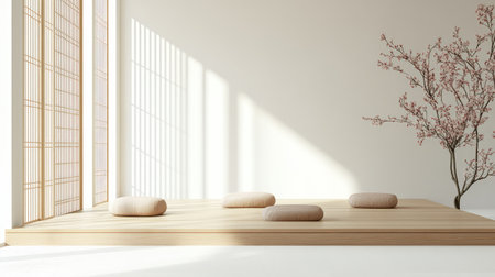 A minimalist living room with traditional Asian elements like wooden screens and a simple, serene ambiance, leaving open space for text or graphicsの素材
