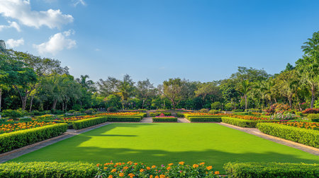 A public park with neatly arranged flowerbeds, hedges, and a wide lawn, leaving plenty of space in the middle for text or graphicsの素材