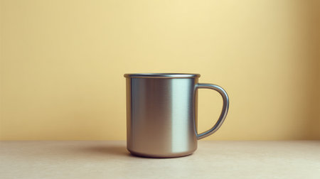 A stunning stainless steel mug perfectly balanced on a soft color background, showcasing a minimal design ideal for modern kitchens or cafes.の素材