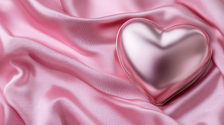 Shiny heart ornament on pink silk background with minimalist mood and empty space for textの素材