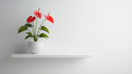 Anthurium plant in ceramic pot on minimalist shelf with clear wall space, perfect for design layoutの素材