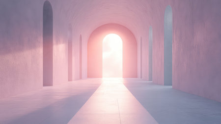 Soft light through clouds with a pastel pink sky, gentle and serene atmosphere with a clean, open central areaの素材