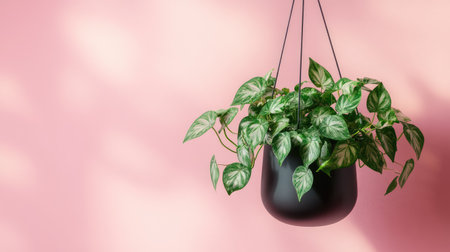 Golden pothos in modern hanging pot with soft shadows on blank pastel wall, clean area for branding or messageの素材