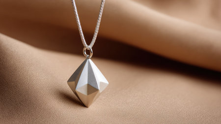 This striking silver pendant, set against a soft fabric background, highlights exquisite craftsmanship and a geometric design, ideal for fashion and jewelry lovers.の素材