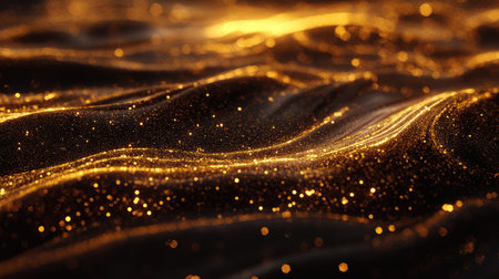 This mesmerizing image features golden waves sparkling against a dark backdrop, evoking a sense of luxury and enchantment. Perfect for visual projects seeking elegance.の素材