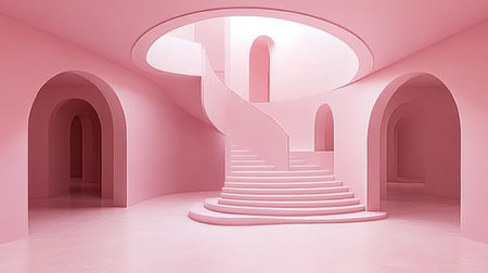 Abstract pastel pink layered shapes with subtle curves and central copy spaceの素材