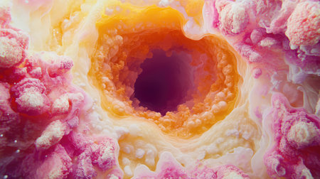 Abstract jelly texture in pink and coral hues, light reflections and soft shadows with center open spaceの素材