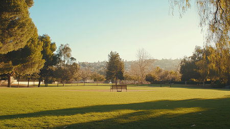 A calm park scene with a wide grassy area, trees surrounding the space, and no people, leaving central space for overlay text or designの素材