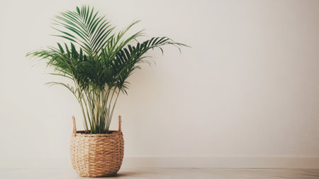 Areca palm in woven basket pot placed beside a white wall with copy space and daylight ambianceの素材