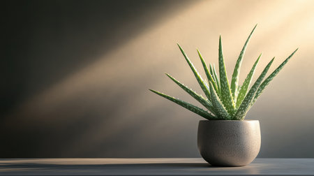 Aloe vera plant with long leaves in ceramic pot on table, soft light and neutral tones with blank wallの素材