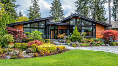 A contemporary home exterior with a modern architectural design, large windows, and a simple aesthetic, offering ample room for overlay text or creative designsの素材