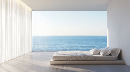 A bright and airy hotel room with floor-to-ceiling windows overlooking the ocean, a plush bed, and soft lighting, providing open space for text or design elementsの素材