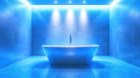 A bright, minimalist bathroom with a large bathtub, sleek fixtures, and soft lighting, offering room for text or graphic design in the centerの素材