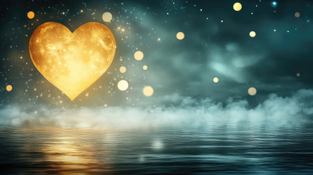 A glowing heart-shaped moon surrounded by mist and stars, with floating light particles, creating a dreamy fantasy love scene with open space for copyの素材