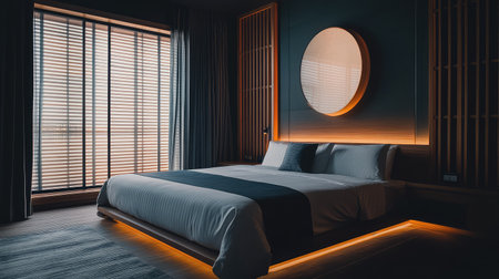 A contemporary hotel room with Asian-inspired design, wooden accents, and soft lighting, offering space for overlay text or graphic designs in the centerの素材