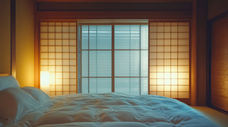 A cozy Japanese bedroom with sliding shoji doors, tatami flooring, and soft lighting, offering ample space for overlay text or graphic designsの素材