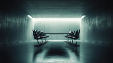 A contemporary dining room with a sleek table, modern chairs, and soft lighting, offering ample space for overlay text or graphic design in the centerの素材