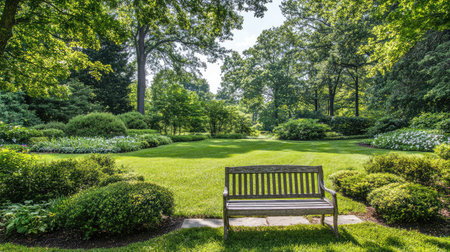 A cool shaded garden spot surrounded by greenery and trees, sunlight filtering through the leaves, offering ample space for copy or designの素材