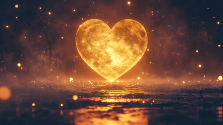 A glowing heart-shaped moon surrounded by mist and stars, with floating light particles, creating a dreamy fantasy love scene with open space for copyの素材