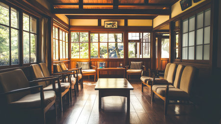 A contemporary Japanese lounge with wooden beams, low-profile furniture, and neutral tones, offering ample space for overlay text or graphic designsの素材