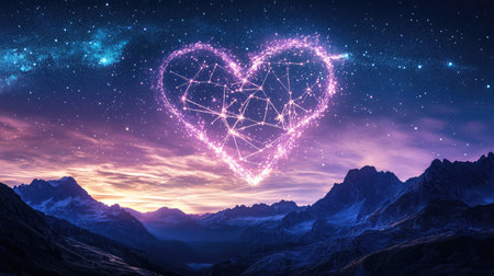 A magical night sky full of twinkling stars and heart-shaped constellations, with soft purple hues and space for text or designの素材