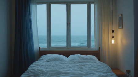 A minimalist bedroom with a large window showcasing the ocean, soft lighting, and simple decor, offering plenty of room for creative text or graphic elementsの素材