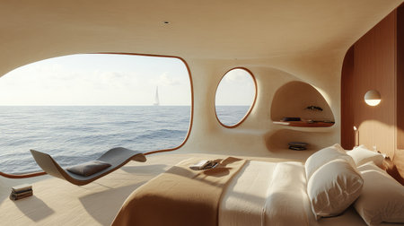 A minimalist bedroom with a large window showcasing the ocean, soft lighting, and simple decor, offering plenty of room for creative text or graphic elementsの素材