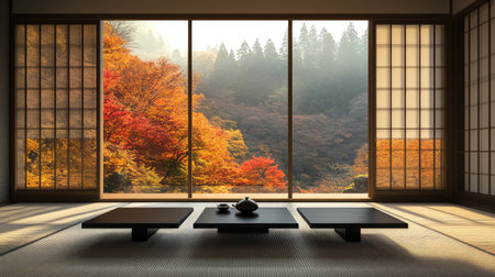 A modern Asian-themed living room with minimalist furnishings, floor-to-ceiling windows, and a serene atmosphere, creating ample room for overlay text or graphic designsの素材