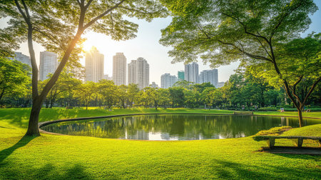 A peaceful park scene with a large pond surrounded by trees and green lawns, offering open space for overlay text or graphic designの素材
