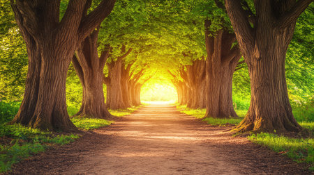 A peaceful garden path with shade provided by large trees and green plants, light filtering through, leaving central space for text or designの素材