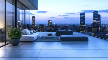 A modern, spacious balcony with sleek furniture, potted plants, and a stunning view of the city skyline, offering ample space for overlay text or designsの素材