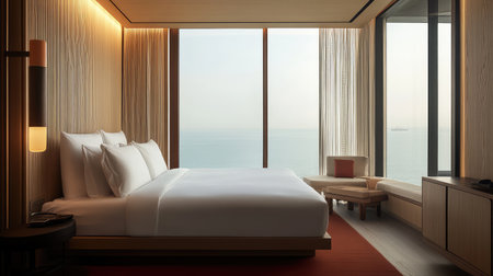 A modern sea view room with a cozy bed, clean design, and expansive windows showcasing the ocean, creating plenty of room for text or graphicsの素材