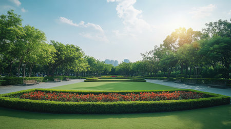 A public park with neatly arranged flowerbeds, hedges, and a wide lawn, leaving plenty of space in the middle for text or graphicsの素材