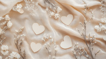 Background with delicate dried flowers and paper heart cutouts on beige fabric, soft love aesthetic with copy spaceの素材