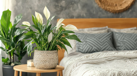 Bedroom nightstand with peace lily in decorative pot and wall space in warm natural lightingの素材