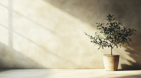 Bright morning sunlight hitting potted plant in corner with soft shadows and neutral backgroundの素材