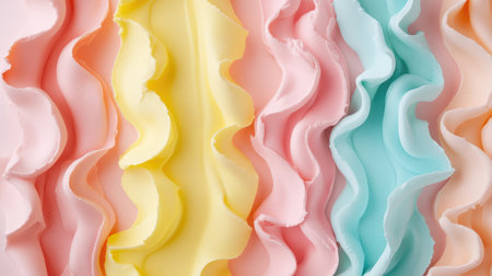 Background with soft pastel stripes like cake layers, in pink, yellow, and mint tones, sweet and playful mood with center copy spaceの素材