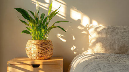 Bedroom nightstand with peace lily in decorative pot and wall space in warm natural lightingの素材