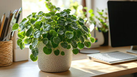 Close-up of leafy decorative plant on desk in cozy home office with bright neutral background and copy spaceの素材