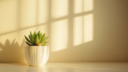 Close-up of potted succulent on clean surface with beige wall and empty space for creative text placementの素材