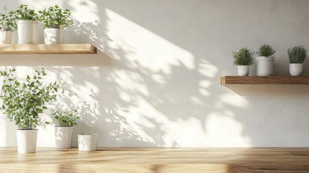 Coffee shop corner with indoor plants on wooden shelves and blank wall perfect for overlayの素材
