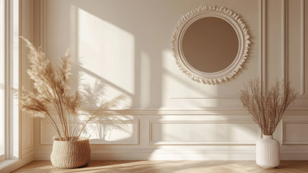 Decorative plant beside mirror in hallway, soft tones and elegant blank wallの素材
