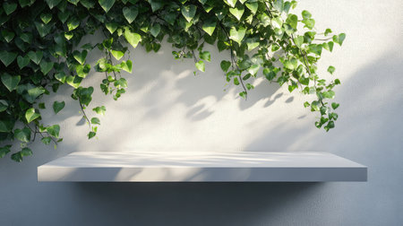 Decorative pothos plant on hanging shelf with light wall and design-friendly empty areaの素材