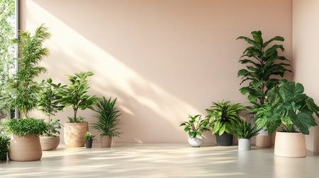 Group of different air-purifying plants in a modern room with pastel background and open spaceの素材
